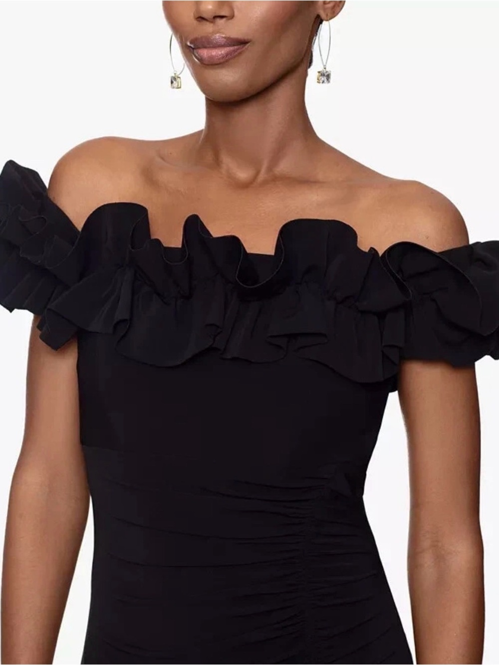 XSCAPE Black Ruffled Off-The-Shoulder Ruched Maxi Gown - Size 8